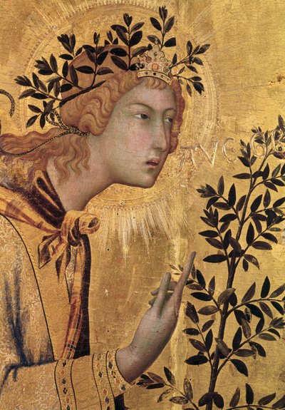 Die Verkündigung mit St. Margareta und St. Asano, Detail des Erzengels Gabriel, 1333 (Detail) von Simone Martini